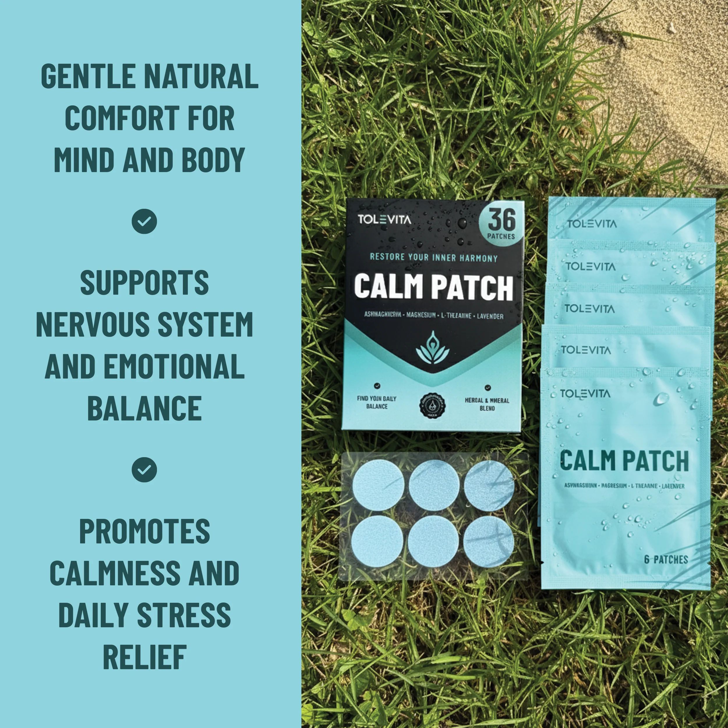 Calm Patches Relaxation & Stress Relief with GABA, Ashwagandha, L-Theanine, Passion Flower, Magnesium, 36 patches - Image 3