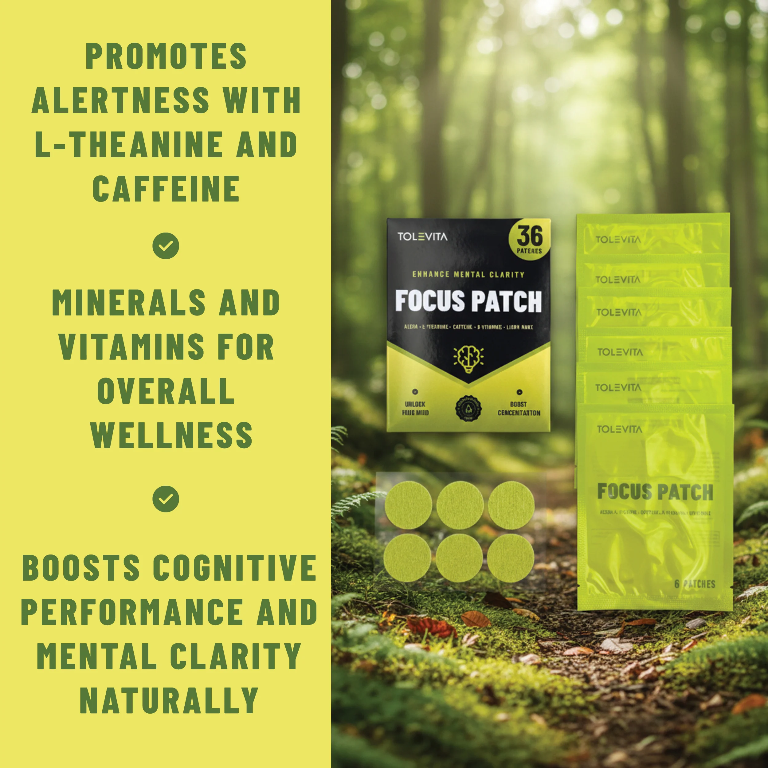 Focus Patches Mental Clarity & Energy with ALCAR, Caffeine, L-Theanine, B-Vitamins, Lion’s Mane, 36 patches - Image 3