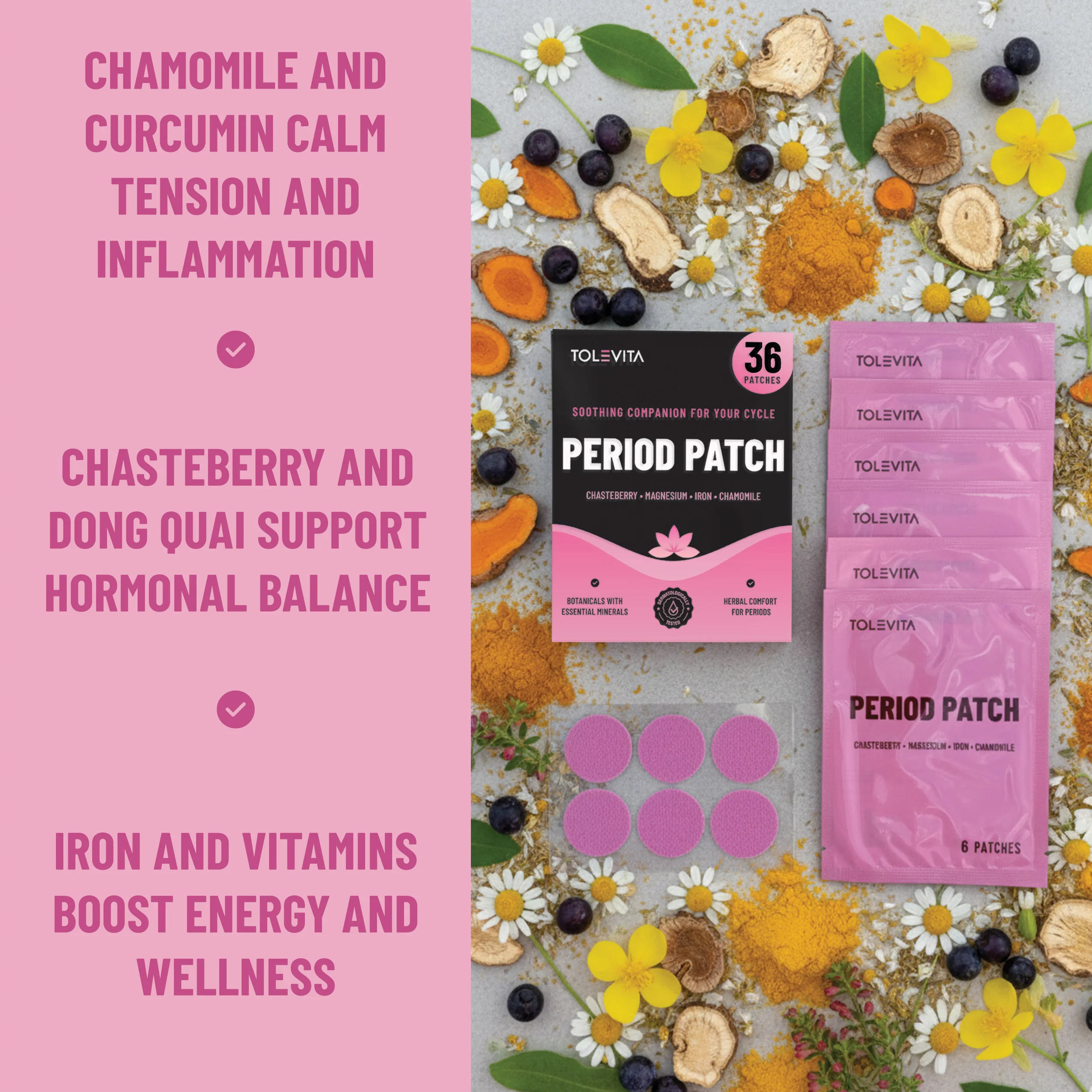 Period Patches Menstrual & Cycle Support with Chasteberry, Magnesium, Evening Primrose Oil & Herbs, 36 Patches - Image 3